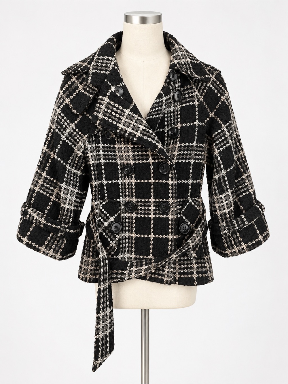 Costa Blanca Black and White Plaid Double-Breasted Pea Coat